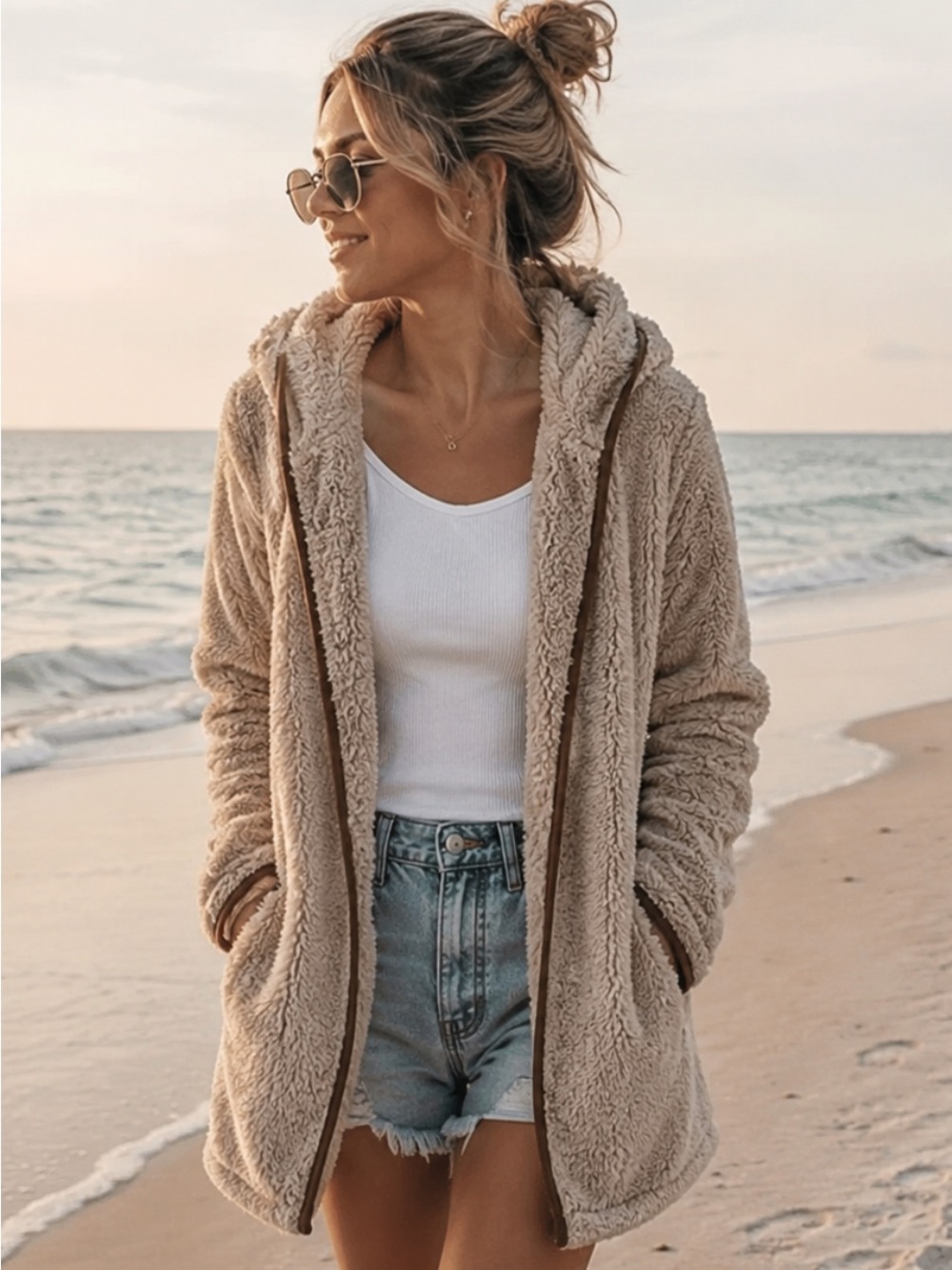 Women’s Beige Sherpa Teddy Fleece Hooded Open Front Cardigan Jacket Coat Large